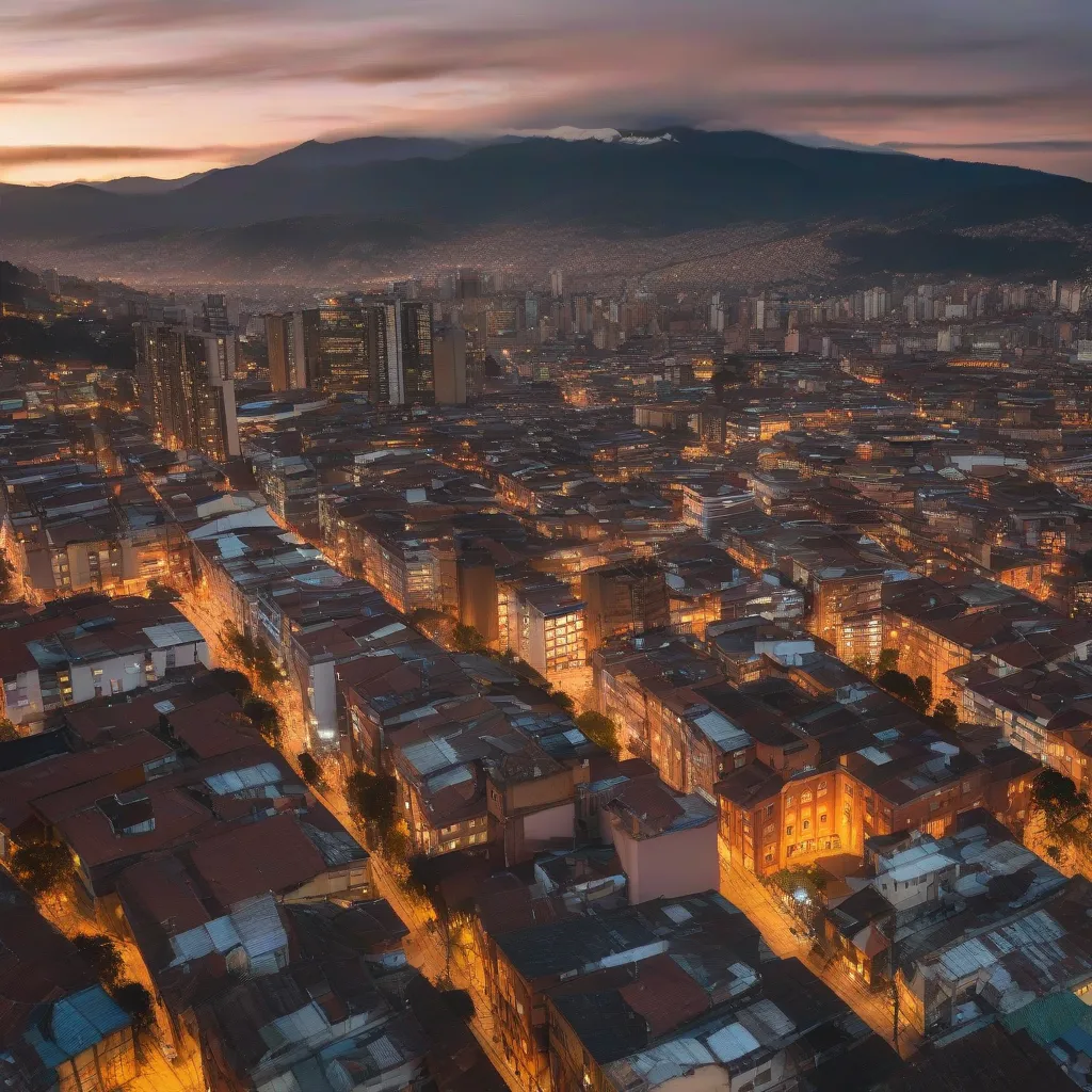 A panoramic view of Bogota's skyline at sunset with the Andes Mountains in the background